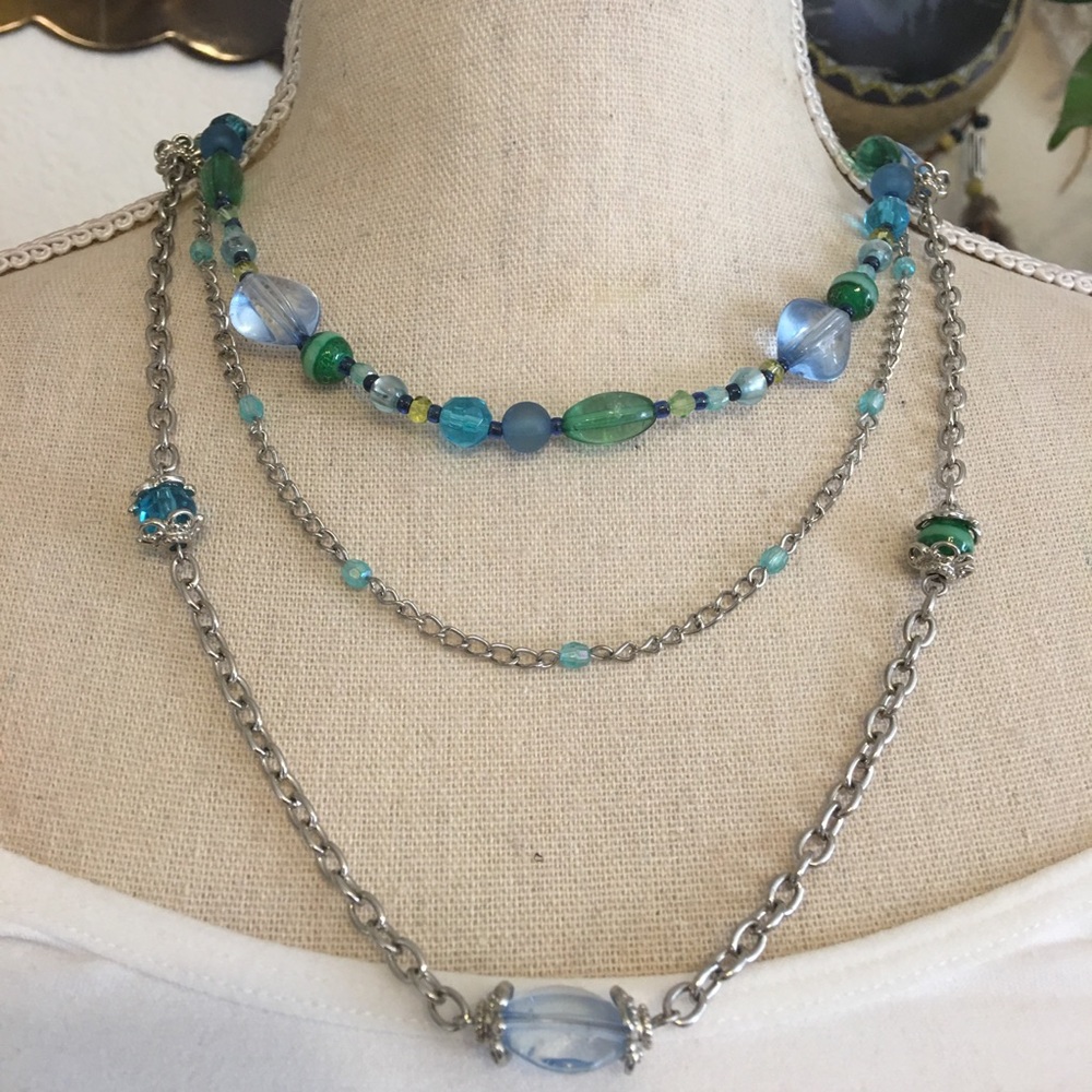 Triple strand layered beaded chain necklace